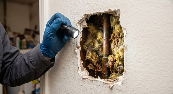 Plumber inspecting water leak behind drywall with flashlight.