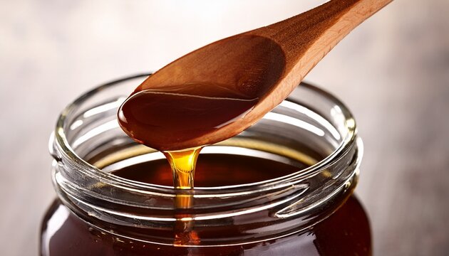 sweet molasses dripping from a wooden spoon into a jar