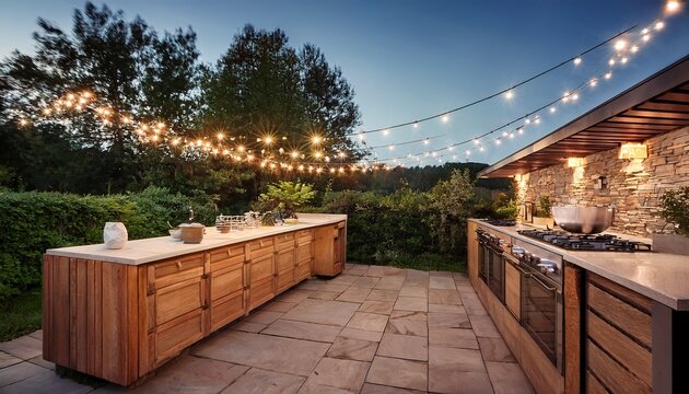 outdoor kitchen with stone counters wooden cabinets and string lights