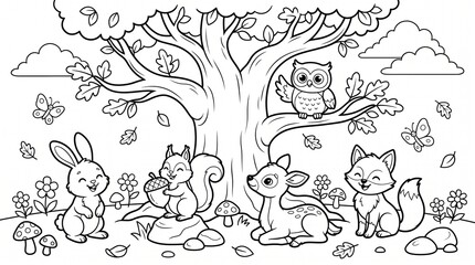 Fototapeta premium Vintage illustration of woodland creatures gathering under a fruit tree in a garden