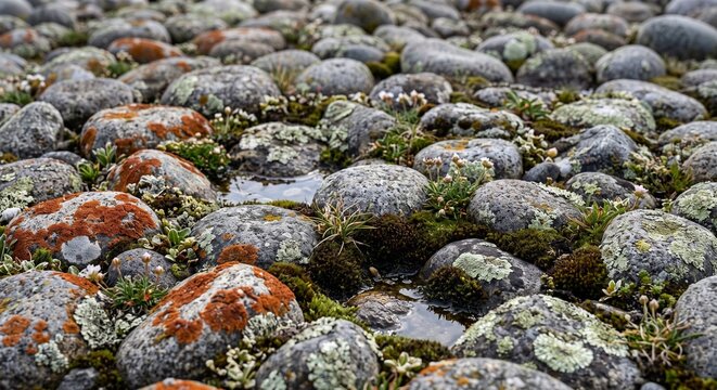 Wind-carved moss-covered stones with water in a natural setting  