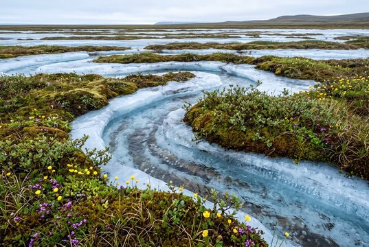 Ice Tundra Channels with Flowing Water and Green Vegetation  
