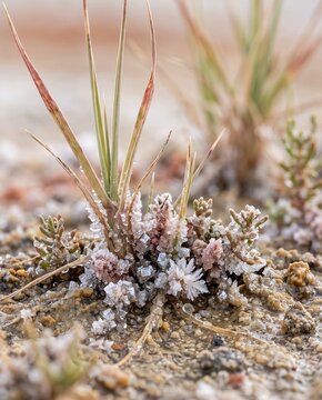 Crystal grass growing in saline soil with fine salt crystals  
