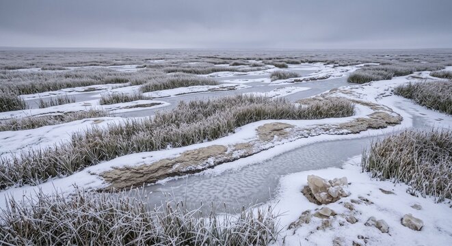 Snow-covered landscape with winding river and grass in winter  