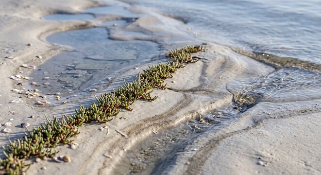 Seaweed growing along sandy shoreline with gentle waves  