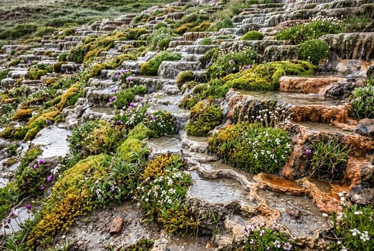 Flowing water on rocky steps with greenery and flowers in nature  