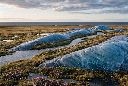 Glacial formations on a coastal landscape during sunset  