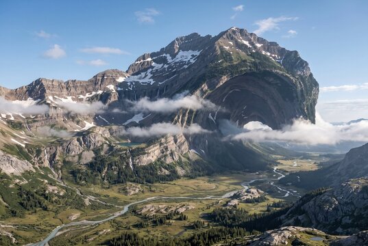 Dramatic mountain landscape with rolling clouds and river below  