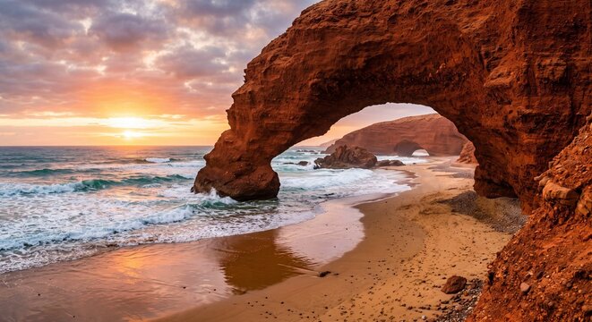 Sunset over rocky arch with waves crashing on sandy beach  