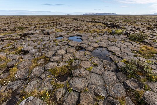 Basalt honeycomb formations on a rocky landscape with greenery  