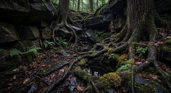 Basalt rock formation with tree roots and moss in a forest 