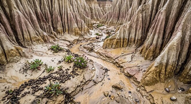 Clay gullies with a winding stream and desert vegetation  