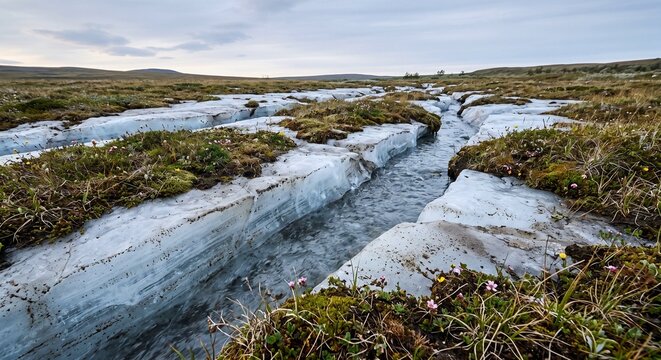 Crystal tundra landscape with melting ice and green vegetation  