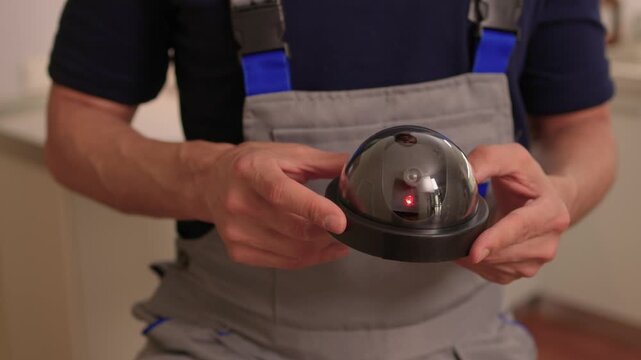Technician installs indoor dome camera. Camera technician secures mounting and tests wiring. Security system installer calibrates lens and adjusts wiring carefully