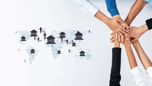 Diverse hands united over a world map featuring financial institutions, symbolizing cooperation and growth in global economic development and teamwork. Raster