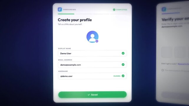 User onboarding UI animation with sign up steps, profile setup, email verification code and password