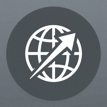 White globe icon with arrow moving up on dark grey circle background. Simple graphic symbol shows global movement, travel, business growth. Concept for international connection, web navigation, world