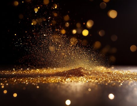 golden glitter particles falling and scattering on a dark surface