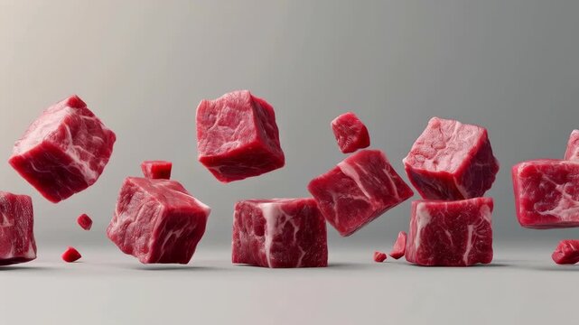 Floating Cubes of Raw Marbled Beef