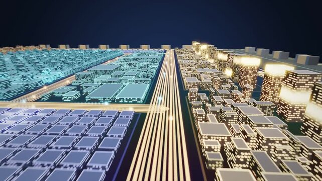Neural processor chip close up, camera flies into AI circuit die over glowing microchip architecture