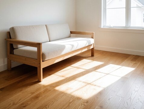 Minimalist light wood frame sofa bed in bright modern room. Beige couch with comfy cushions sits on oak floor near window. Natural sunlight shines through glass creating soft shadows in empty living