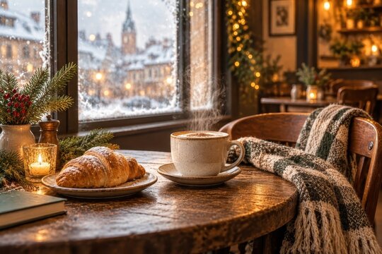 Cozy winter cafe table with coffee, croissant, candle, snowy view