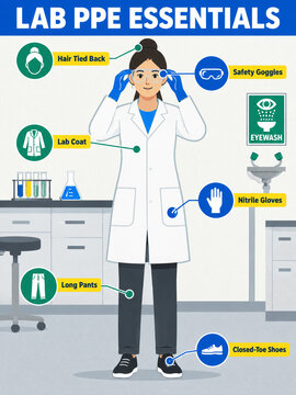 Laboratory PPE Essentials: A detailed infographic illustrating essential personal protective equipment (PPE) for a laboratory setting, emphasizing safety and protection for scientific personnel.