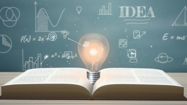 Open book with glowing light bulb idea, graduation cap and diploma in front of chalkboard formulas