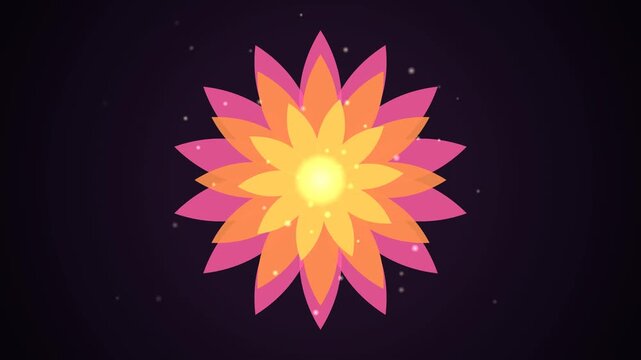 Animated colorful lotus flower mandala gently pulsing with glowing particles on a dark background for meditation