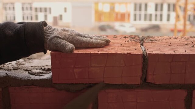 Mason carefully placing bricks securely. Urban construction professional meticulously arranging bricks with trowel amidst safety precautions and detailed craftsmanship