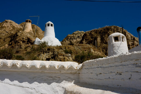 Europe, Spain, Andalucia, Guadix white chimneys of troglodyte city
