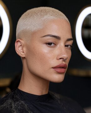 A close-up portrait of a woman with a short, blonde buzz cut and subtle makeup. She has a nose ring and a serene expression.