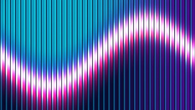Glowing neon magenta wave scrolling across vertical blue metallic bars in abstract digital animation background