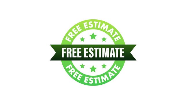 Animated free estimate green stamp badge appearing on a white and blue background