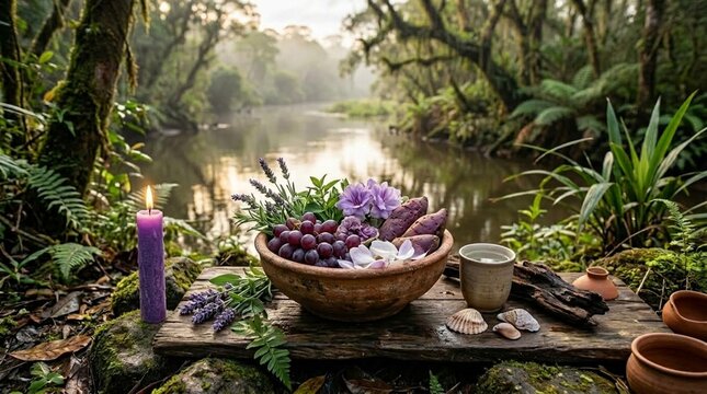 Sacred offering to Nan&atilde;, Afro-Brazilian orix&aacute; associated with ancestral wisdom, waters and transformation, with purple flowers, candles and ritual objects beside a peaceful river