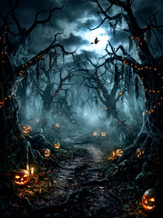 Fototapeta premium Spooky dark forest landscape creepy trees fog mysterious night autumn woods environment