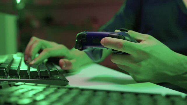 Gamer gripping red controller in dark hoodie, lowlit room with neon green PC and blurred monitor, closeup on hands and controller, tense focused mood, latenight stream atmosphere