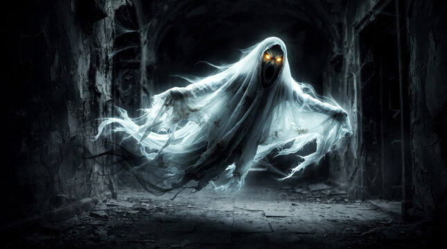 Scary Floating Ghost Covered in White Sheet on Dark Background