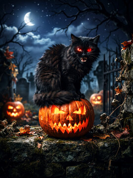 Scary black cat red eyes sharp teeth sitting carved Jack o lantern Halloween pumpkin