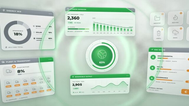 ESG sustainability dashboard turning from gray smog to green net zero, carbon emission and energy mix