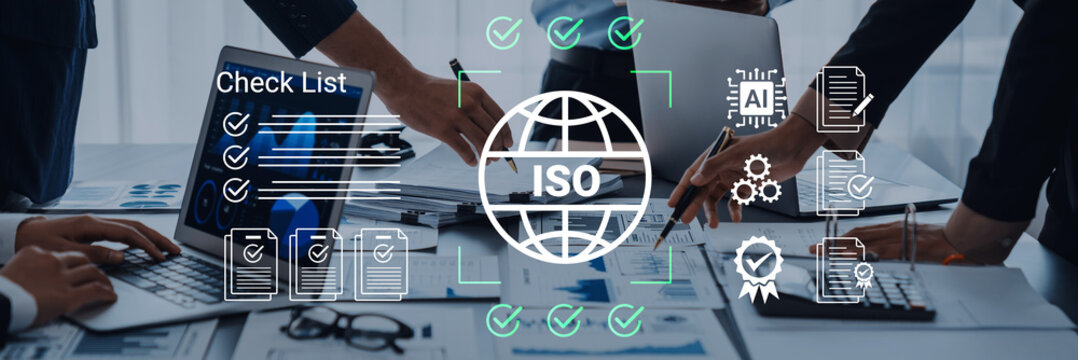 Collaborative Business Meeting Featuring ISO Standards Implementation with Checklist, Laptop, and Graphs for Quality Management and Efficiency. Glyphic.