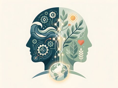 Dual human head silhouette representing mental health with gears leaves and world vector illustration