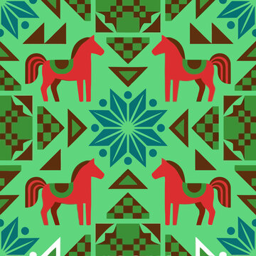 Red horses and geometric pattern on green background