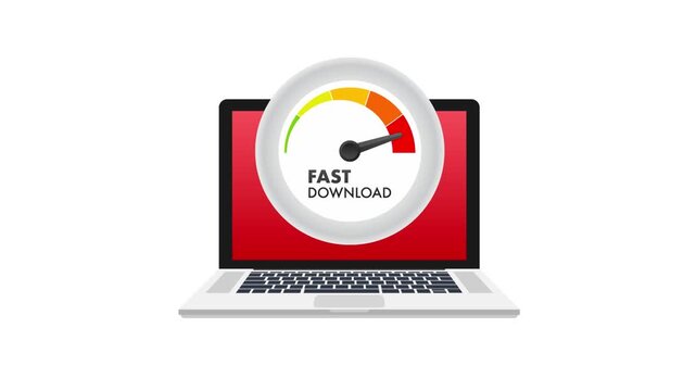 Laptop internet speed test animation with fast and slow download meter