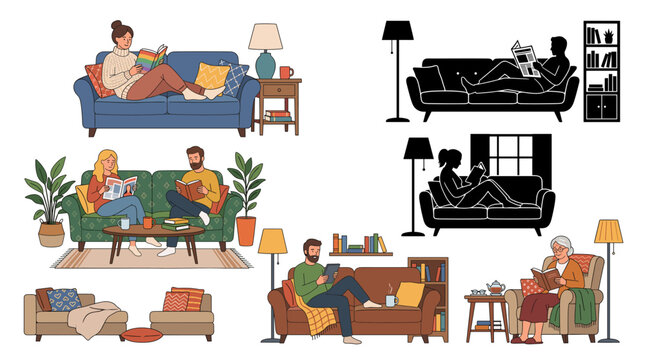 Set of vector collection featuring different styles of people reading books on sofas at home, including men and women sitting comfortably, reading novels, magazines, newspapers