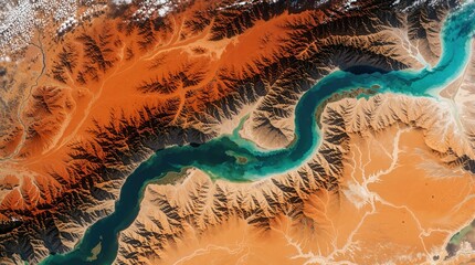 Obraz premium Satellite view of earth surface with dry desert landscape, winding blue river. Arid canyon terrain shows orange sand dunes, steep mountain ridges. Natural texture of parched ground meets turquoise