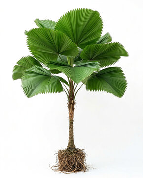 Ultra-realistic mature Broadleaf Palm (Licuala grandis), full plant with exposed roots, slender textured trunk, enormous nearly circular pleated fan leaves with deeply segmented edges, lush symmetrica