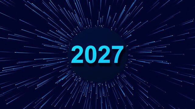 Happy New Year 2027 Abstract Digital Network Core with Glowing Light Rays and Particles Spreading Outwards