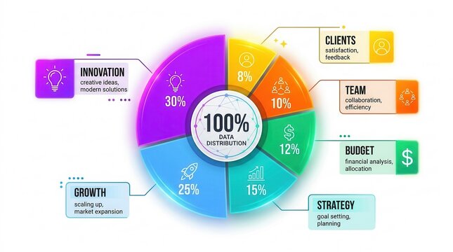 Business Strategy Pie Chart with Key Performance Indicators and Icons.