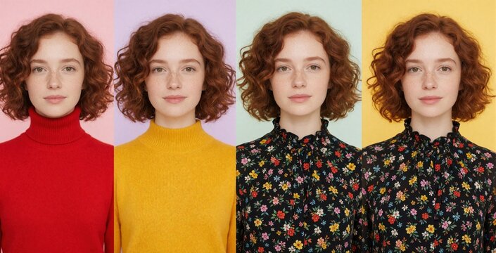 Portrait triplet of young woman with curly red hair. Beautiful female model wears red turtleneck, yellow sweater, floral blouse. Colorful pastel backgrounds change look. Shows different fashion